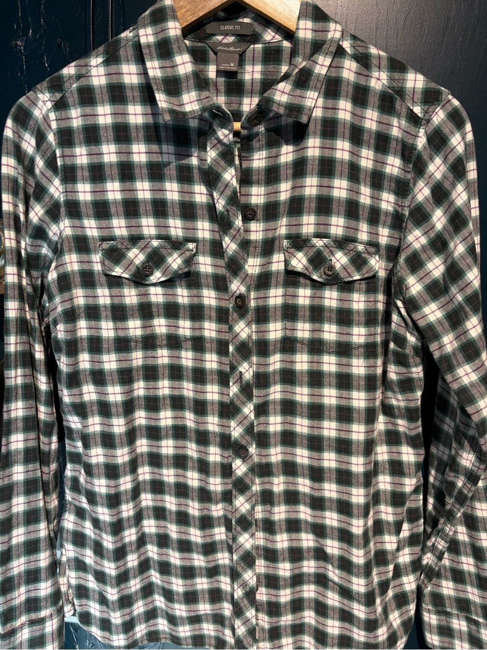 Eddie Bauer Green and White Plaid Button-Down Shirt